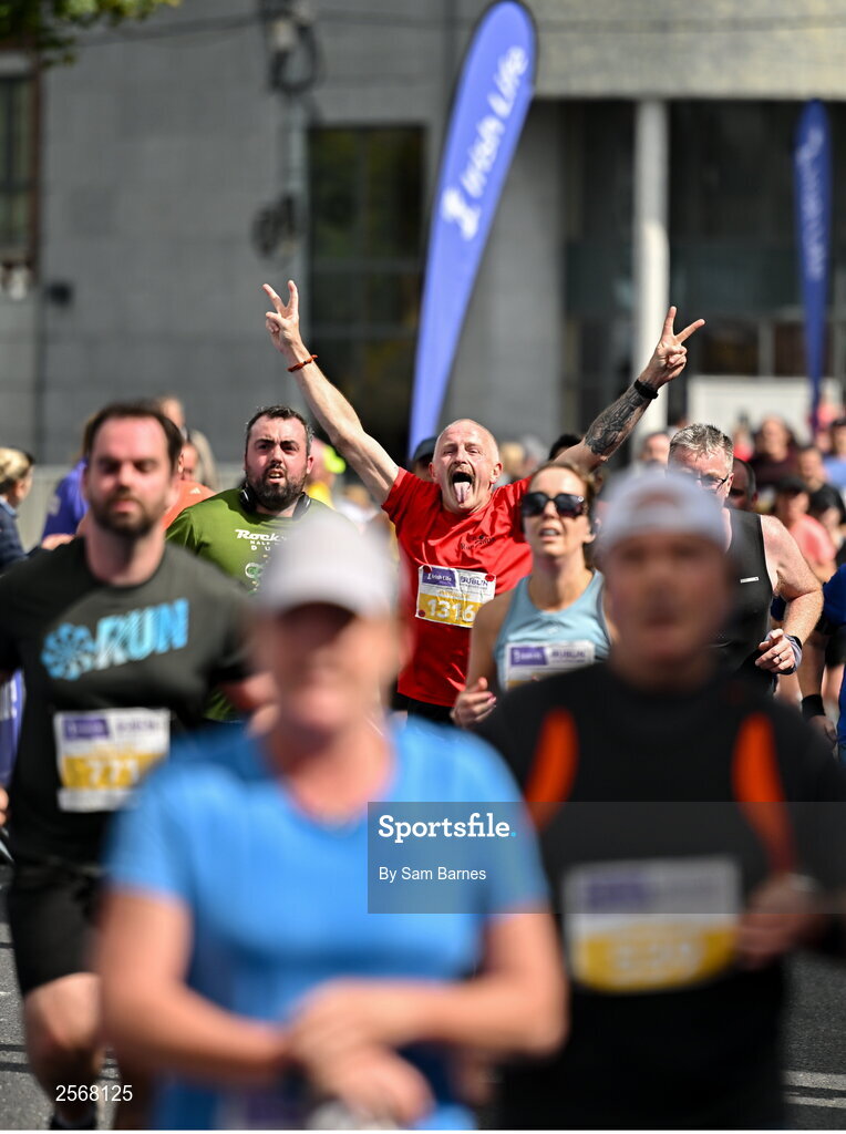 16 July 2023; Sebastian Kesik from Antrim celebrates on his way to finishing the 2023 Irish Life Dublin Race Series-Fingal 10km which took place on Sunday 16th of July at Swords in Dublin. Photo by Sam Barnes/Sportsfile