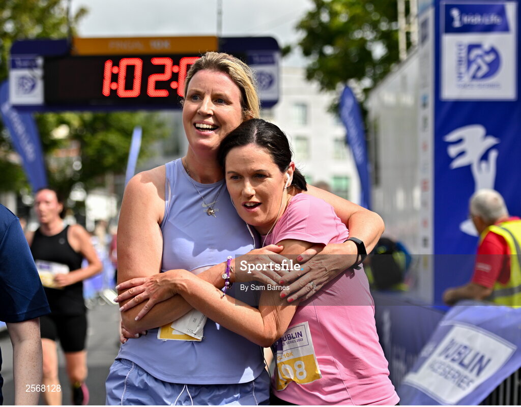 16 July 2023; Aisling Woods, left, and Marina Martin, both from Monaghan, celebrate after finishing the 2023 Irish Life Dublin Race Series-Fingal 10km which took place on Sunday 16th of July at Swords in Dublin. Photo by Sam Barnes/Sportsfile