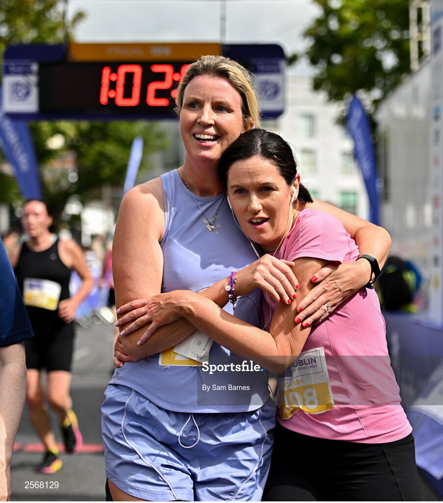 16 July 2023; Aisling Woods, left, and Marina Martin, both from Monaghan, celebrate after finishing the 2023 Irish Life Dublin Race Series-Fingal 10km which took place on Sunday 16th of July at Swords in Dublin. Photo by Sam Barnes/Sportsfile