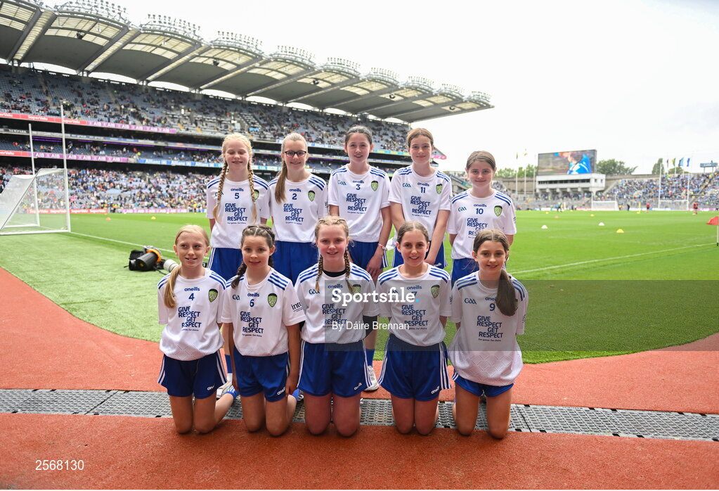 15 July 2023; The Monaghan team, back row, left to right, Nell Kinsella, Glandore NS, Glandore, Cork, Emily Nic an tSaoir, Gaelscoil Eoghain Uí Thuairisc, Carlow, Aoife Rodgers, St Brigid's NS, Bailieborough, Cavan, Lily May Queally, Scoil Naom Gobnait, Dungarvan, Waterford, Lara McAleer, St. Mary's PS, Cabragh, Tyrone, front row, left to right, Ava Flaherty, Spa NS, Tralee, Kerry, Michela Moynihan, Ovens NS, Ovens, Cork, Ella Wall, Clerihan NS, Clonmel, Tipperary, Maebh Browne, Hollyford NS, Hollyford, Tipperary, Cara McVeigh, Laghey PS, Dungannon, Tyrone, ahead of the INTO Cumann na mBunscol GAA Respect Exhibition Go Games at the GAA Football All-Ireland Senior Championship semi-final match between Dublin and Monaghan at Croke Park in Dublin. Photo by Daire Brennan/Sportsfile
