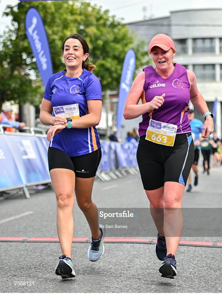 16 July 2023; Danielle Percival, left, and Celene Breen celebrate after finishing the 2023 Irish Life Dublin Race Series-Fingal 10km which took place on Sunday 16th of July at Swords in Dublin. Photo by Sam Barnes/Sportsfile