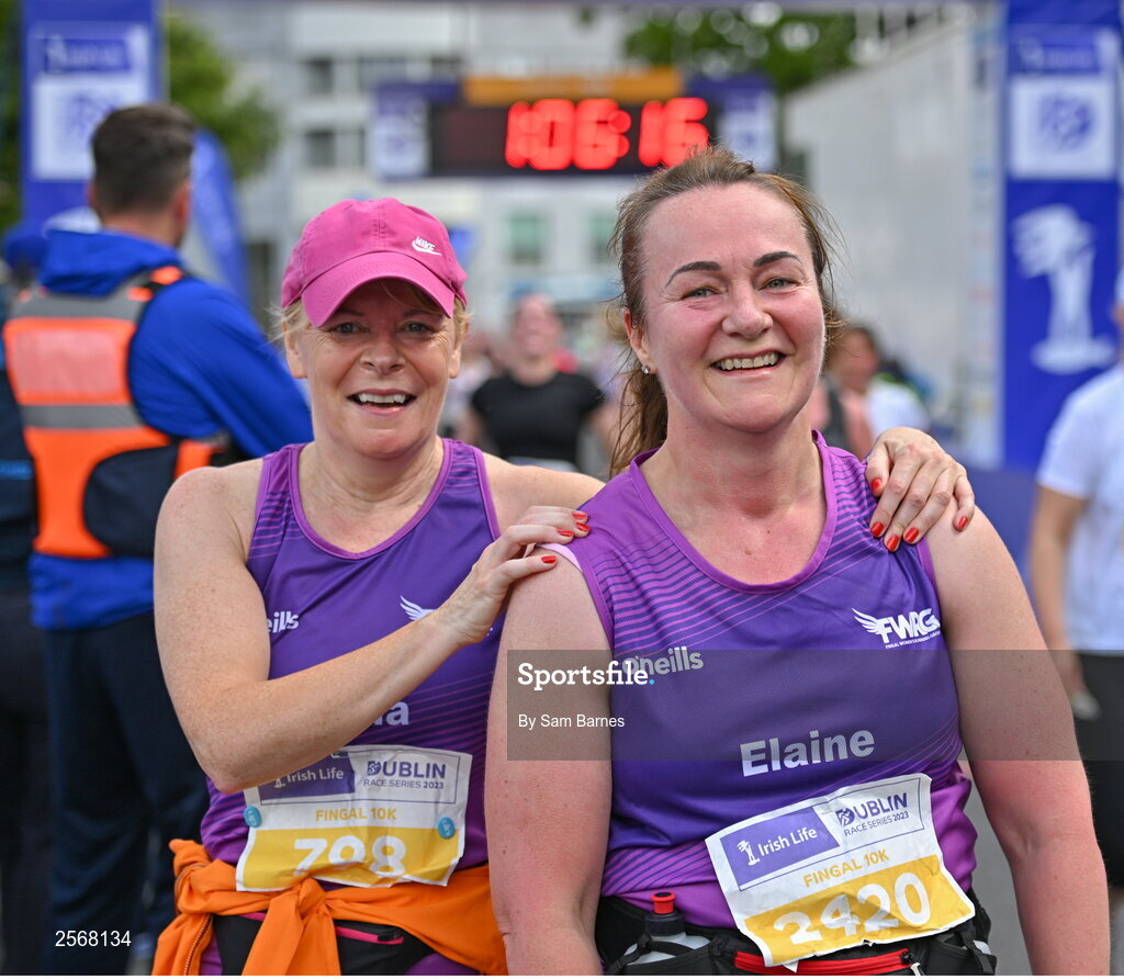 16 July 2023; Elaine Murphy, right, and Lucia Guerrini celebrate finishing the 2023 Irish Life Dublin Race Series-Fingal 10km which took place on Sunday 16th of July at Swords in Dublin. Photo by Sam Barnes/Sportsfile
