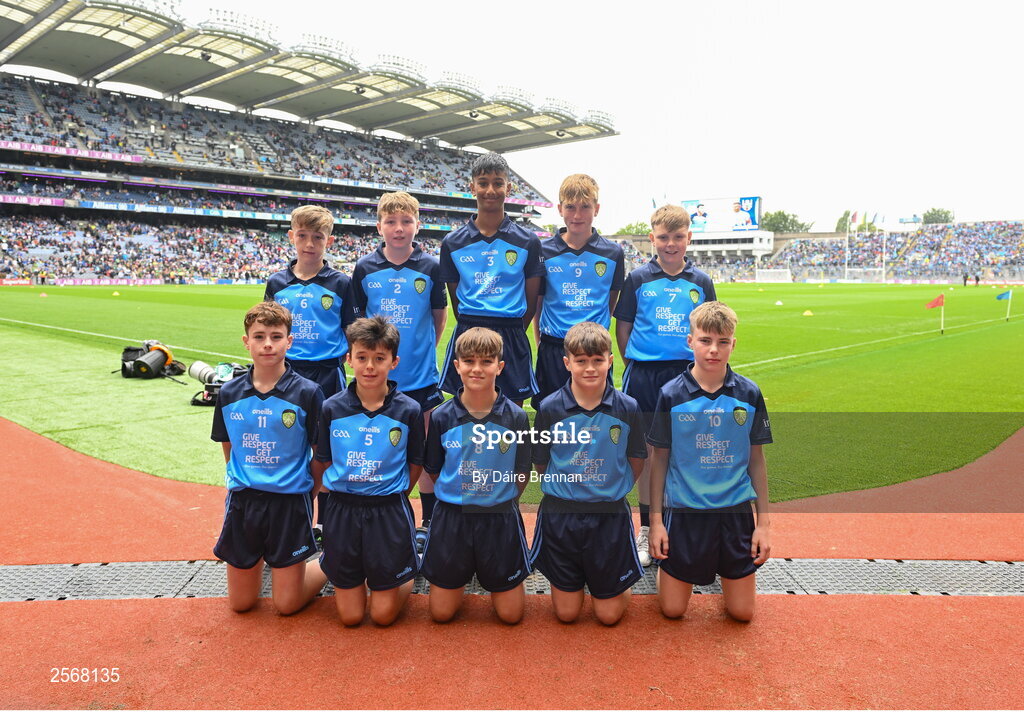 15 July 2023; The Dublin team, back row, left to right, Ben Lenihan, Dromcollogher NS, Charleville, Cork, Mike Funston, Enniskillen Integrated PS, Fermanagh, Richard Christie, St John the Apostle, Knockanacarra, Galway, Cillian Reilly, St John's NS, Castlebar, Mayo, TJ Flynn Reilly, Melview NS, Melview, Longford, front row, left to right, Harry Maguire, Kilmessan NS, Kilmessan, Meath, Jake Norris, Piltown NS, Piltown, Kilkenny, Fionn McCormack Crowe, St Mary's NS, Drumlish, Longford, Ryan O'Rourke, St Brendan's BNS, Loughrea, Galway, Jack 0'Toole, St Joseph's PS, Ballinrobe, Mayo, ahead of the INTO Cumann na mBunscol GAA Respect Exhibition Go Games at the GAA Football All-Ireland Senior Championship semi-final match between Dublin and Monaghan at Croke Park in Dublin. Photo by Daire Brennan/Sportsfile