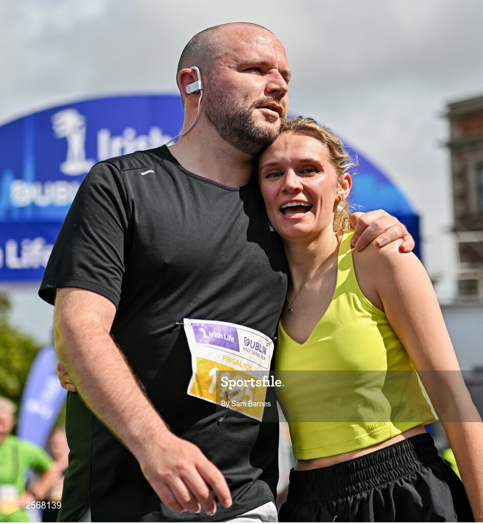 16 July 2023; Cian Gaffney and Leah Edwards celebrate finishing the 2023 Irish Life Dublin Race Series-Fingal 10km which took place on Sunday 16th of July at Swords in Dublin. Photo by Sam Barnes/Sportsfile