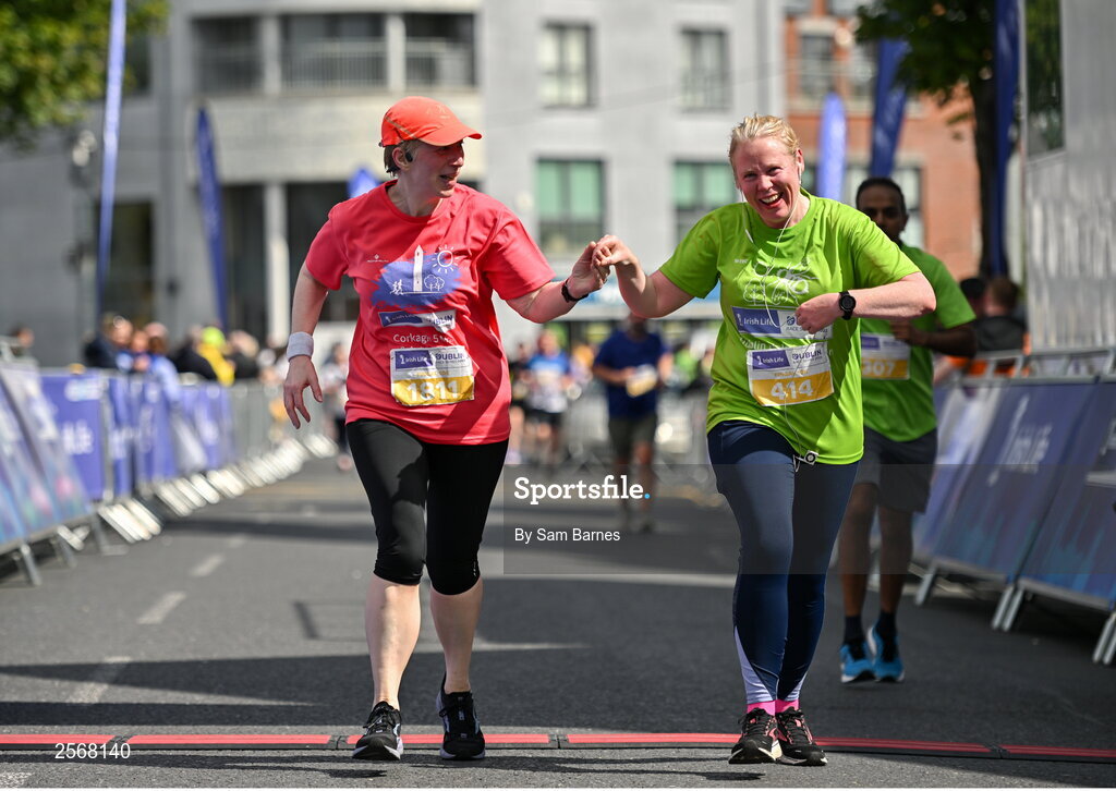 16 July 2023; Reidin Ni Aonghusa, left, and Caitríona Whelan, celebrate finishing the 2023 Irish Life Dublin Race Series-Fingal 10km which took place on Sunday 16th of July at Swords in Dublin. Photo by Sam Barnes/Sportsfile