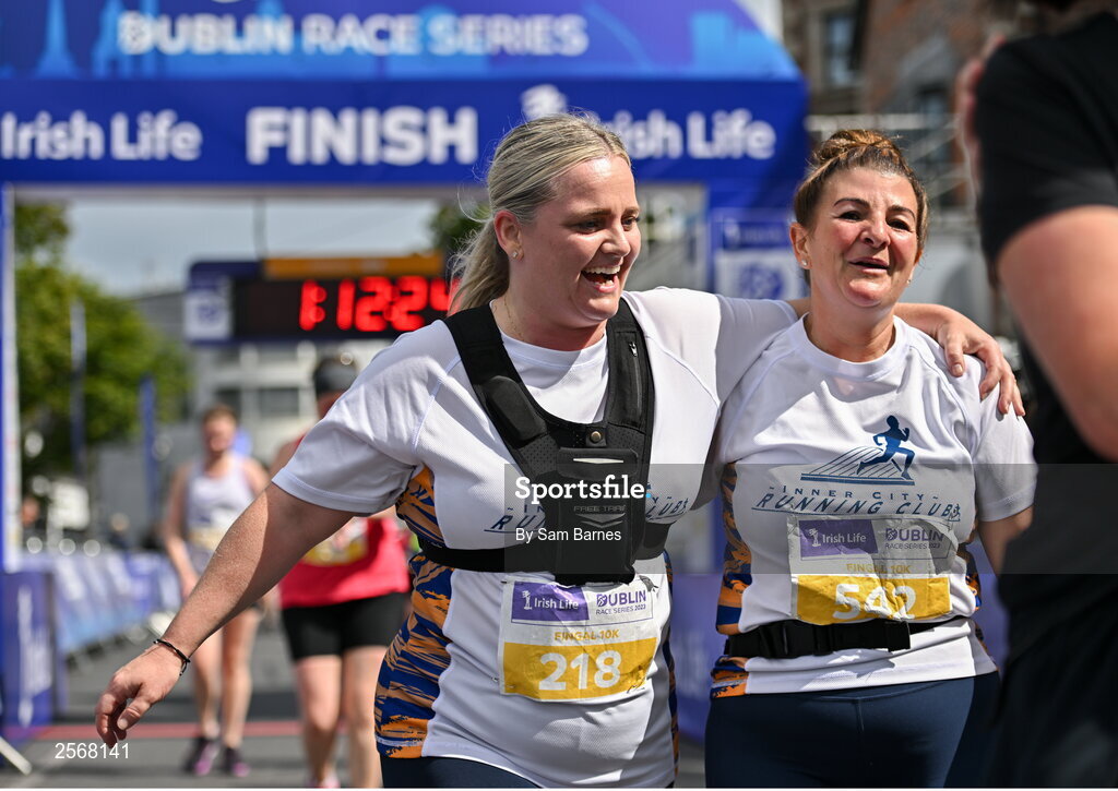 16 July 2023; Runners celebrate finishing the 2023 Irish Life Dublin Race Series-Fingal 10km which took place on Sunday 16th of July at Swords in Dublin. Photo by Sam Barnes/Sportsfile