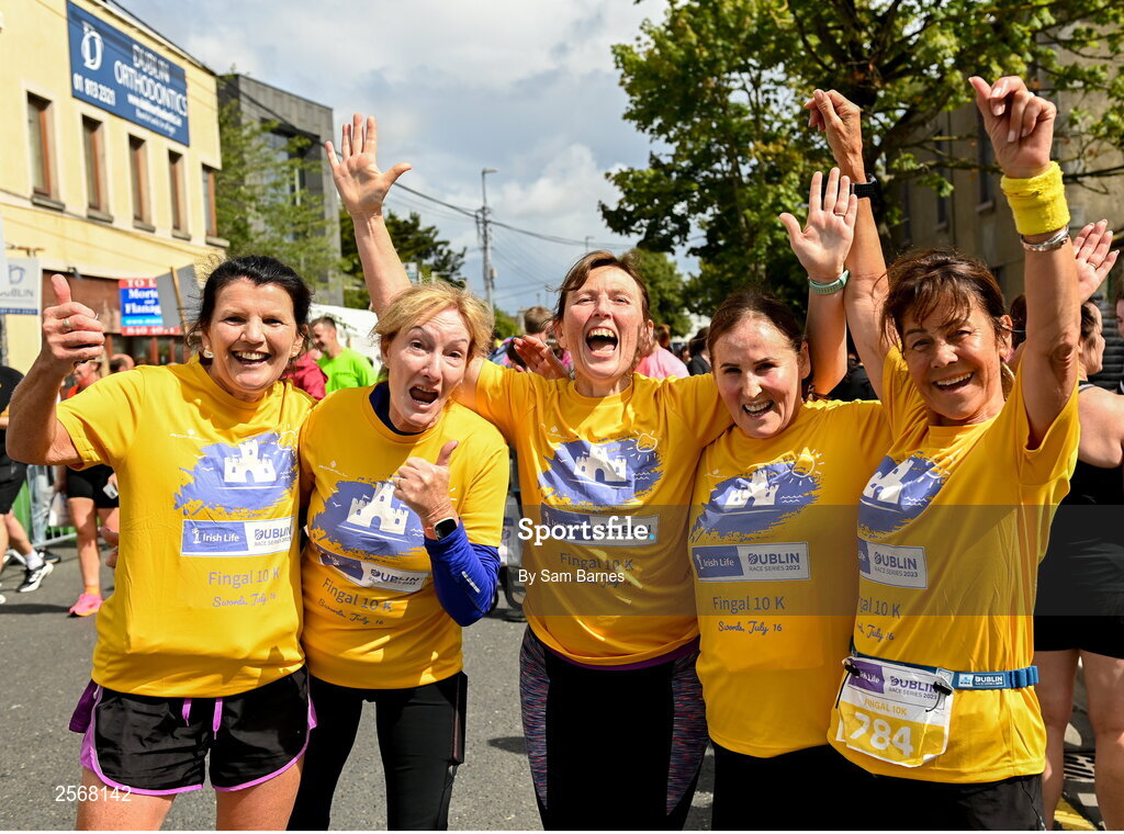 16 July 2023; Runners, from left, Mary Cahill, Philis Browne, Anne O'Malley, Sandra Manning, and Grace Barker, from Swords, celebrate after finishing the 2023 Irish Life Dublin Race Series-Fingal 10km which took place on Sunday 16th of July at Swords in Dublin. Photo by Sam Barnes/Sportsfile