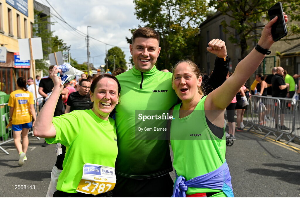 16 July 2023; Runners, from left, Audrey Kearney, Stephen Highland and Niamh Geraghty, from Coolock, Dublin, celebrate after finishing the 2023 Irish Life Dublin Race Series-Fingal 10km which took place on Sunday 16th of July at Swords in Dublin. Photo by Sam Barnes/Sportsfile