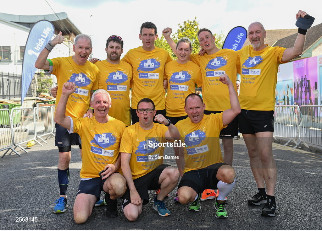 16 July 2023; Runners from River Valley Parkrun celebrate finishing the 2023 Irish Life Dublin Race Series-Fingal 10km which took place on Sunday 16th of July at Swords in Dublin. Photo by Sam Barnes/Sportsfile