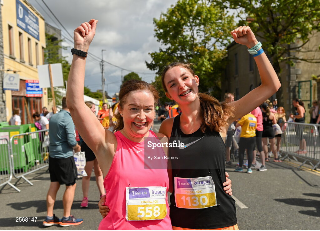 16 July 2023; Celine Gilroy, left, and her daughter Lauren Gilroy celebrate finishing the 2023 Irish Life Dublin Race Series-Fingal 10km which took place on Sunday 16th of July at Swords in Dublin. Photo by Sam Barnes/Sportsfile