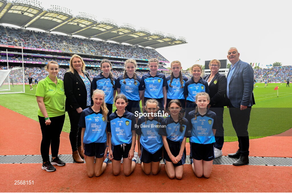 15 July 2023; The Dublin team, back row, left to right, Zoe Byrne, Clongeen NS, Foulkesmills, Wexford, Sorcha Aspell, Ardnagrath NS, Athlone, Westmeath, Ella Rochford, Scoil Chile Chriost, Rathmore, Kildare, Chloe Carey, Lisnagry NS, Lisnagry, Limerick, Mollie Quinn, Ardnagrath NS, Athlone, Westmeath, front row, left to right, Ava Moll Lyons, Bornacoola NS, Carrick-on-Shannon, Leitrim, Léana Coyne, Bohermeen NS, Bohermeen, Meath, Sophie McCabe, St Malachys' Girls' School, Dundalk, Louth, Abigail Kerin, Scoil Mhuire na Trocaire, Ardee, Louth, Deirbhile McNabb, St Mary's PS, Tempo, Fermanagh, with GAA Safeguarding Officer Michelle Harte, LGFA Leinster President Trina Murray, Cumann na mBunscol President Mairéad O'Callaghan, and INTO CEO John Boyle, ahead of the INTO Cumann na mBunscol GAA Respect Exhibition Go Games at the GAA Football All-Ireland Senior Championship semi-final match between Dublin and Monaghan at Croke Park in Dublin. Photo by Daire Brennan/Sportsfile