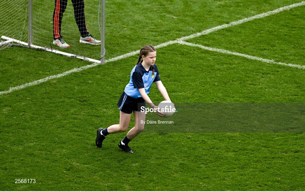 15 July 2023; Deirbhile McNabb, St Mary's PS, Tempo, Fermanagh, representing Dublin, during the GAA Respect Exhibition Go Games at the GAA Football All-Ireland Senior Championship semi-final match between Dublin and Monaghan at Croke Park in Dublin. Photo by Daire Brennan/Sportsfile