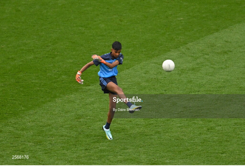 15 July 2023; Richard Christie, St John the Apostle, Knockanacarra, Galway, representing Dublin, during the GAA Respect Exhibition Go Games at the GAA Football All-Ireland Senior Championship semi-final match between Dublin and Monaghan at Croke Park in Dublin. Photo by Daire Brennan/Sportsfile