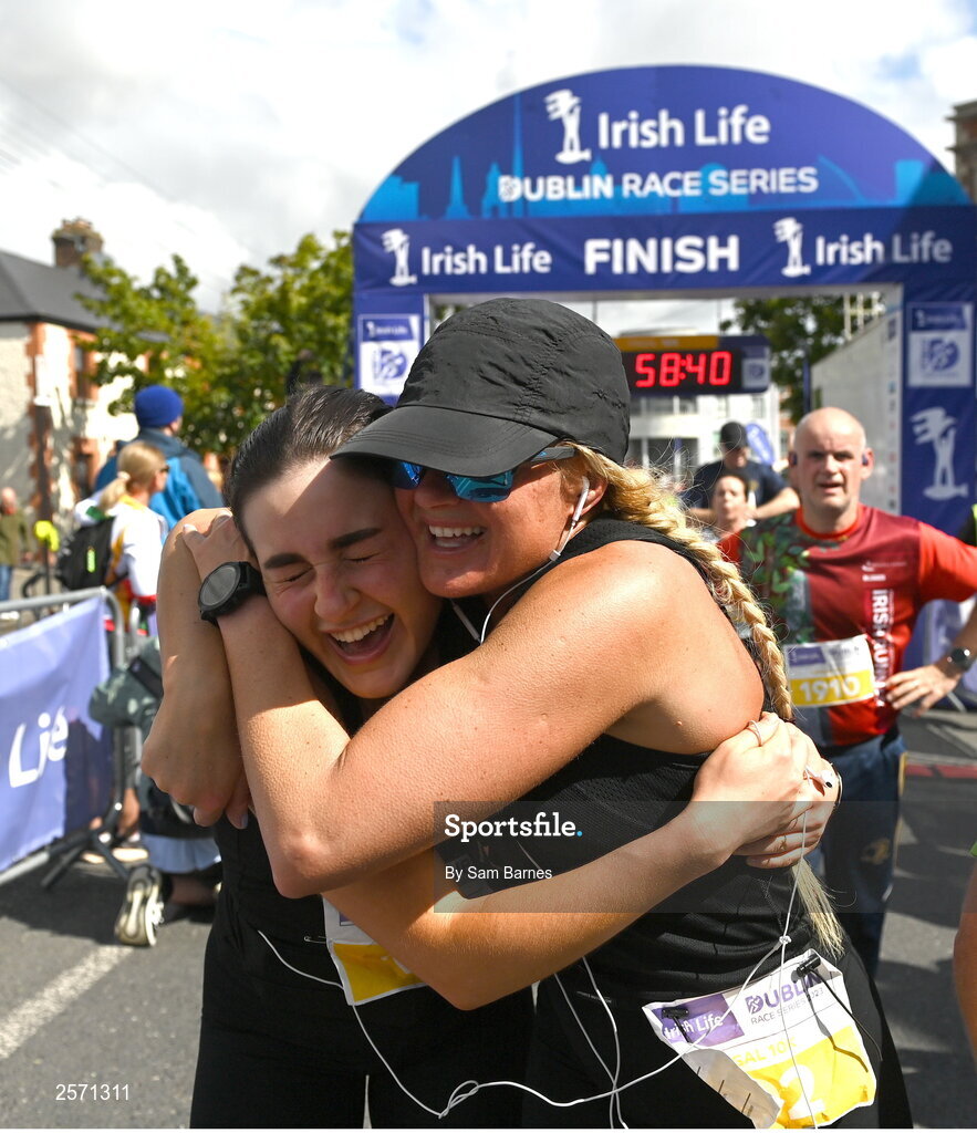 16 July 2023; Runners celebrate after finishing the 2023 Irish Life Dublin Race Series-Fingal 10km which took place on Sunday 16th of July at Swords in Dublin. Photo by Sam Barnes/Sportsfile