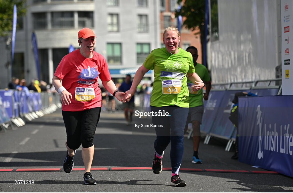 16 July 2023; Reidin Ni Aonghusa, left, and Caitríona Whelan, celebrate finishing the 2023 Irish Life Dublin Race Series-Fingal 10km which took place on Sunday 16th of July at Swords in Dublin. Photo by Sam Barnes/Sportsfile