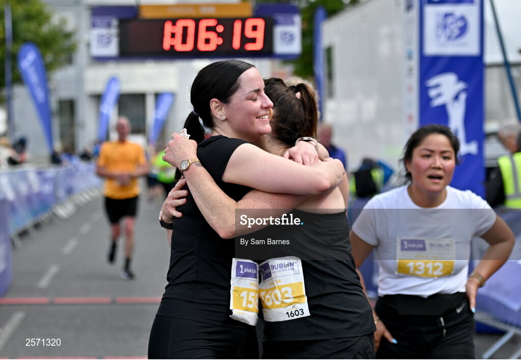 16 July 2023; Ciara Carey, left, and Noreen Horan, embrace after finishing the 2023 Irish Life Dublin Race Series-Fingal 10km which took place on Sunday 16th of July at Swords in Dublin. Photo by Sam Barnes/Sportsfile