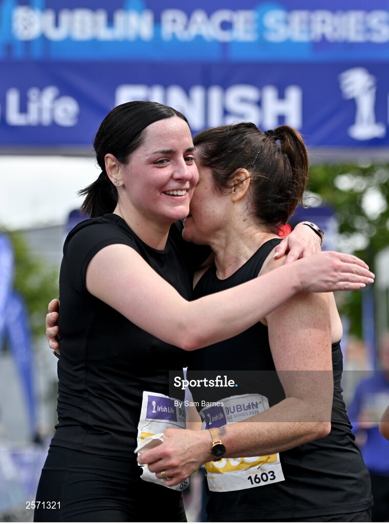 16 July 2023; Ciara Carey, left, and Noreen Horan, embrace after finishing the 2023 Irish Life Dublin Race Series-Fingal 10km which took place on Sunday 16th of July at Swords in Dublin. Photo by Sam Barnes/Sportsfile