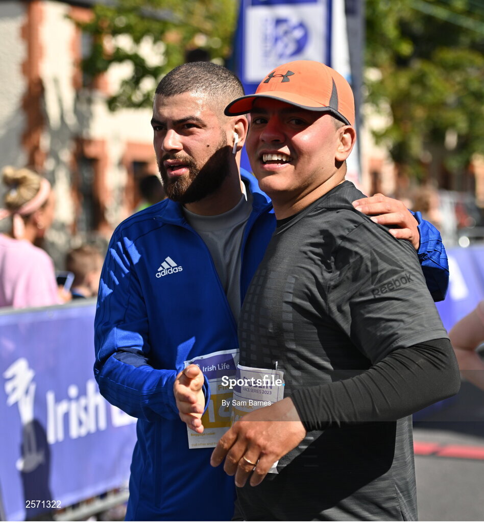 16 July 2023; Diego Gomez, left, and Ian Veitch, celebrate after finishing the 2023 Irish Life Dublin Race Series-Fingal 10km which took place on Sunday 16th of July at Swords in Dublin. Photo by Sam Barnes/Sportsfile