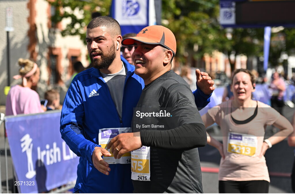 16 July 2023; Diego Gomez, left, and Ian Veitch, celebrate after finishing the 2023 Irish Life Dublin Race Series-Fingal 10km which took place on Sunday 16th of July at Swords in Dublin. Photo by Sam Barnes/Sportsfile