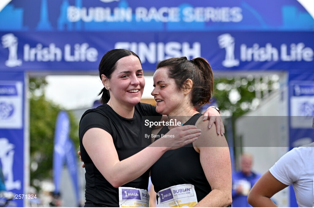 16 July 2023; Ciara Carey, left, and Noreen Horan, embrace after finishing the 2023 Irish Life Dublin Race Series-Fingal 10km which took place on Sunday 16th of July at Swords in Dublin. Photo by Sam Barnes/Sportsfile