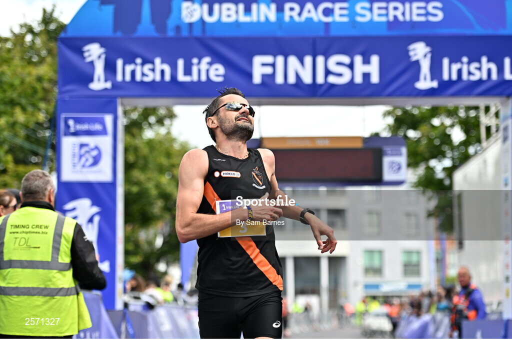 16 July 2023; Sergiu Ciobanu crosses the line to finish second during the 2023 Irish Life Dublin Race Series-Fingal 10km which took place on Sunday 16th of July at Swords in Dublin. Photo by Sam Barnes/Sportsfile