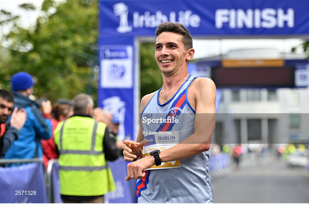 16 July 2023; Emmet Jennings of Dundrum South Dublin AC, crosses the line to win the 2023 Irish Life Dublin Race Series-Fingal 10km which took place on Sunday 16th of July at Swords in Dublin. Photo by Sam Barnes/Sportsfile