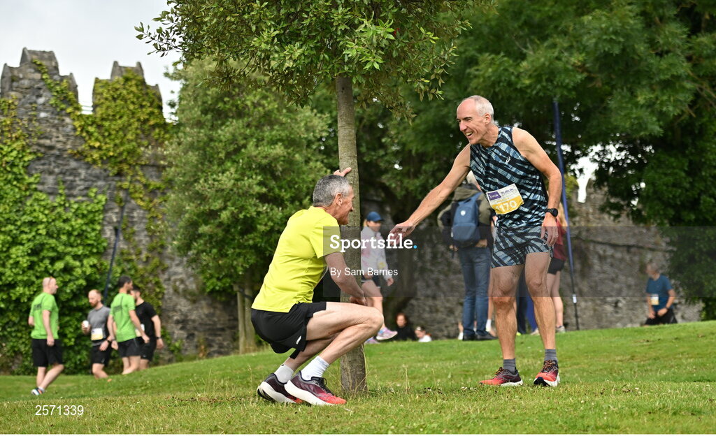 16 July 2023; Runners including Jimmy Keane, right, warm up before the 2023 Irish Life Dublin Race Series-Fingal 10km which took place on Sunday 16th of July at Swords in Dublin. Photo by Sam Barnes/Sportsfile