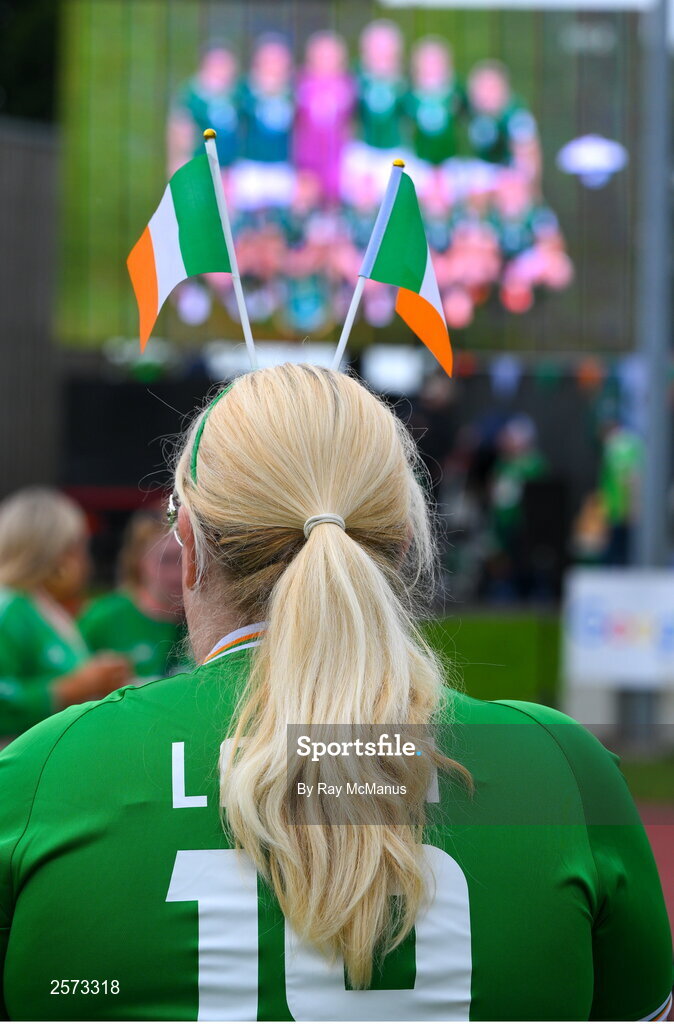 20 July 2023; A Republic of Ireland supporter during a Watch Party for the opening game of the 2023 FIFA Women's World Cup between Republic of Ireland and Australia at the Irishtown Sports & Fitness Centre in Ringsend, Dublin. Photo by Ray McManus/Sportsfile