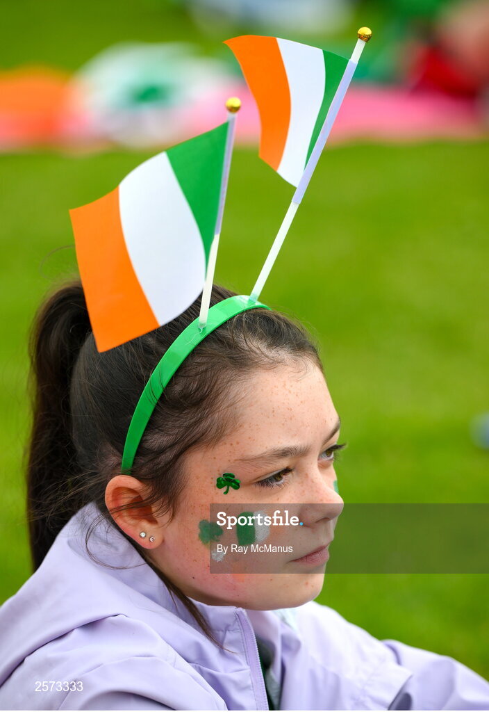 20 July 2023; Republic of Ireland supporter Lilly Gregg, 11 years, from Clondalkin, during a Watch Party for the opening game of the 2023 FIFA Women's World Cup between Republic of Ireland and Australia at the Irishtown Sports & Fitness Centre in Ringsend, Dublin. Photo by Ray McManus/Sportsfile