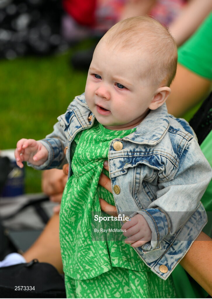 20 July 2023; Republic of Ireland supporter Elle Carey, two years, from Ringsend, during a Watch Party for the opening game of the 2023 FIFA Women's World Cup between Republic of Ireland and Australia at the Irishtown Sports & Fitness Centre in Ringsend, Dublin. Photo by Ray McManus/Sportsfile