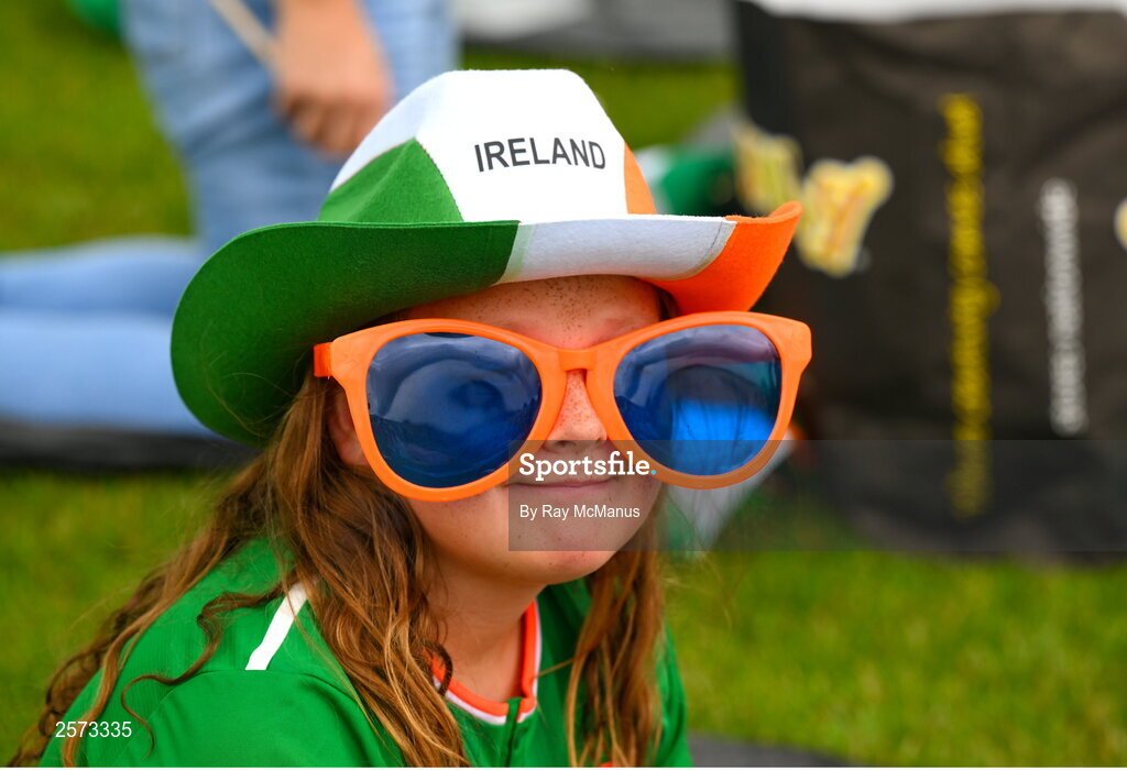 20 July 2023; Republic of Ireland supporters Isabella Byrne twelve years, from Ringsend, during a Watch Party for the opening game of the 2023 FIFA Women's World Cup between Republic of Ireland and Australia at the Irishtown Sports & Fitness Centre in Ringsend, Dublin. Photo by Ray McManus/Sportsfile