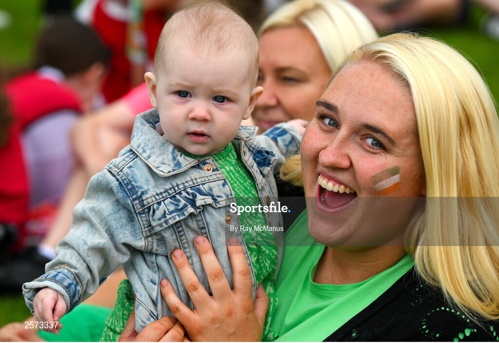 20 July 2023; Republic of Ireland supporter Elle Carey, two years, and her mother Dankia, from Ringsend, during a Watch Party for the opening game of the 2023 FIFA Women's World Cup between Republic of Ireland and Australia at the Irishtown Sports & Fitness Centre in Ringsend, Dublin. Photo by Ray McManus/Sportsfile