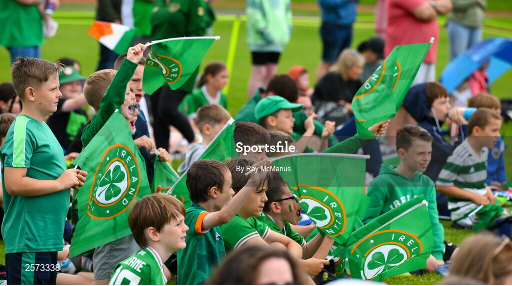 20 July 2023; Republic of Ireland supporters from Pearse Street, in Dublin, during a Watch Party for the opening game of the 2023 FIFA Women's World Cup between Republic of Ireland and Australia at the Irishtown Sports & Fitness Centre in Ringsend, Dublin. Photo by Ray McManus/Sportsfile