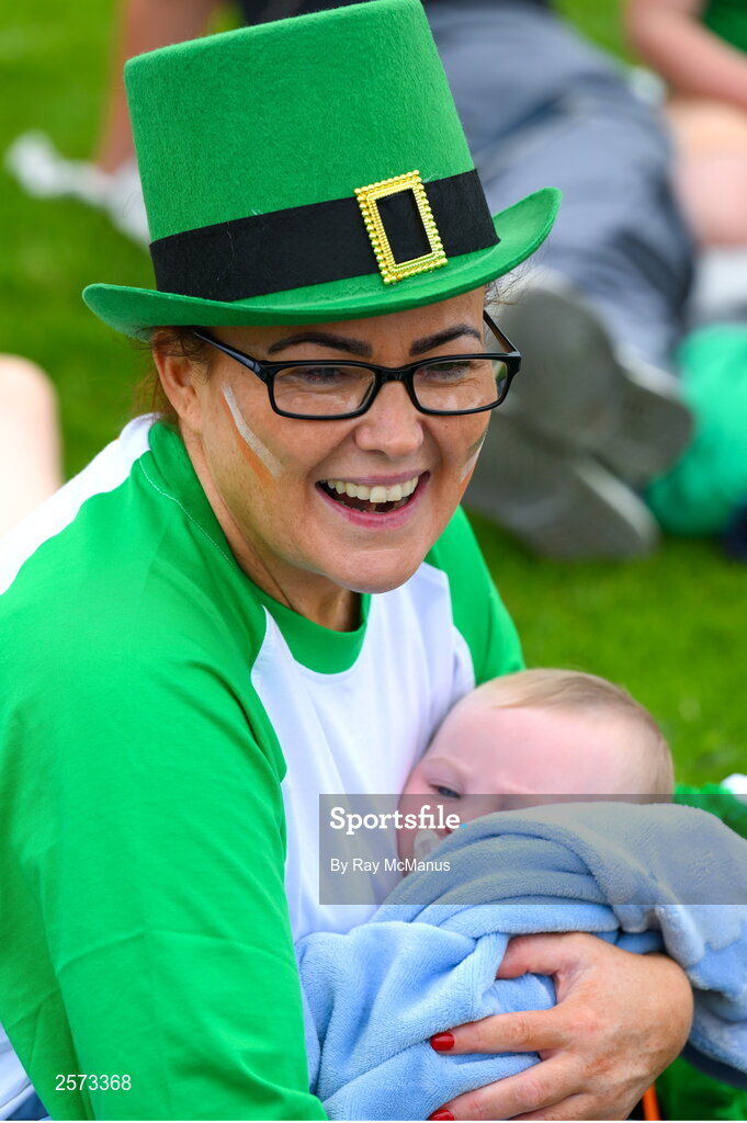 20 July 2023; Republic of Ireland supporters Janet and Patrick Murphy, 6 months, from Ringsend, during a Watch Party for the opening game of the 2023 FIFA Women's World Cup between Republic of Ireland and Australia at the Irishtown Sports & Fitness Centre in Ringsend, Dublin. Photo by Ray McManus/Sportsfile