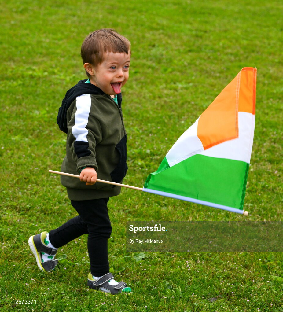 20 July 2023; Republic of Ireland supporter Enzo Duffy, two years, from Irishtown, during a Watch Party for the opening game of the 2023 FIFA Women's World Cup between Republic of Ireland and Australia at the Irishtown Sports & Fitness Centre in Ringsend, Dublin. Photo by Ray McManus/Sportsfile