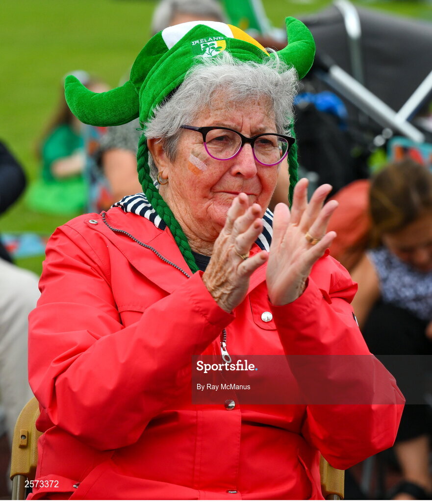 20 July 2023; Republic of Ireland supporter Sarah Curley, from Ringsend, during a Watch Party for the opening game of the 2023 FIFA Women's World Cup between Republic of Ireland and Australia at the Irishtown Sports & Fitness Centre in Ringsend, Dublin. Photo by Ray McManus/Sportsfile