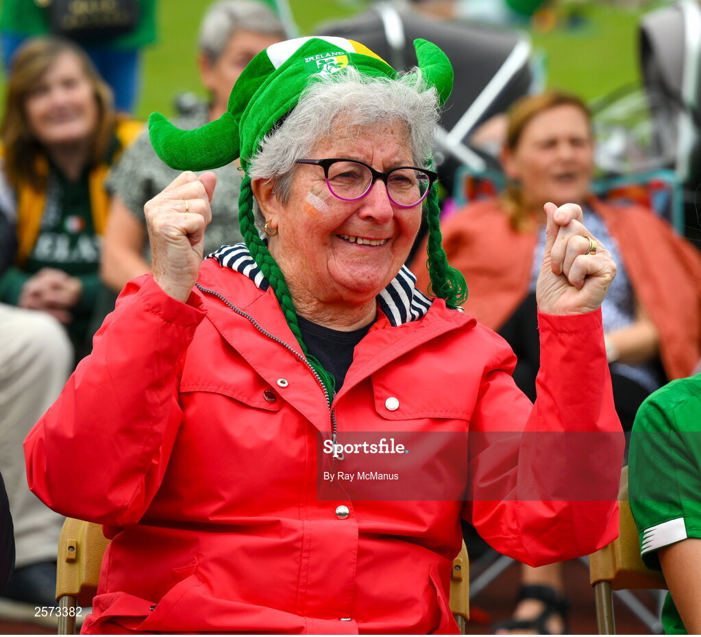 20 July 2023; Republic of Ireland supporter Sarah Curley, from Ringsend, during a Watch Party for the opening game of the 2023 FIFA Women's World Cup between Republic of Ireland and Australia at the Irishtown Sports & Fitness Centre in Ringsend, Dublin. Photo by Ray McManus/Sportsfile