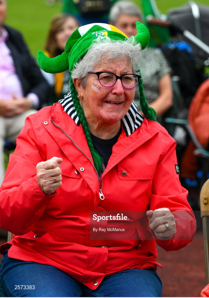 20 July 2023; Republic of Ireland supporter Sarah Curley, from Ringsend, during a Watch Party for the opening game of the 2023 FIFA Women's World Cup between Republic of Ireland and Australia at the Irishtown Sports & Fitness Centre in Ringsend, Dublin. Photo by Ray McManus/Sportsfile