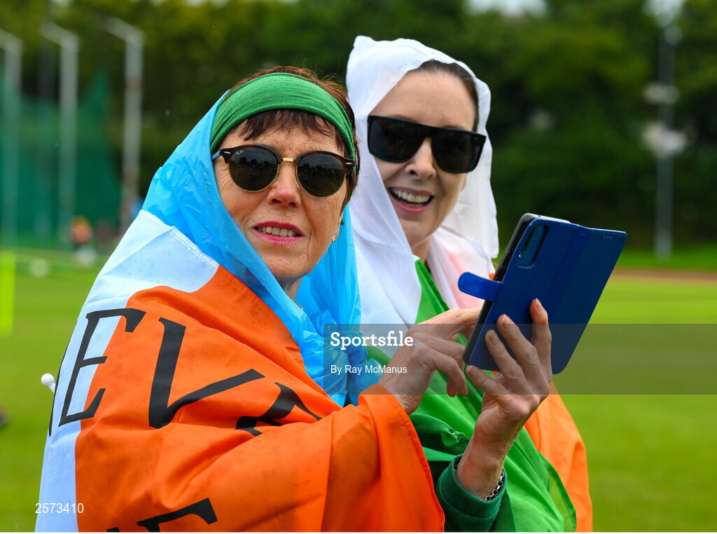 20 July 2023; Republic of Ireland supporters Roz Richardson, left, and Valerie Byrne Jenkins during a Watch Party for the opening game of the 2023 FIFA Women's World Cup between Republic of Ireland and Australia at the Irishtown Sports & Fitness Centre in Ringsend, Dublin. Photo by Ray McManus/Sportsfile