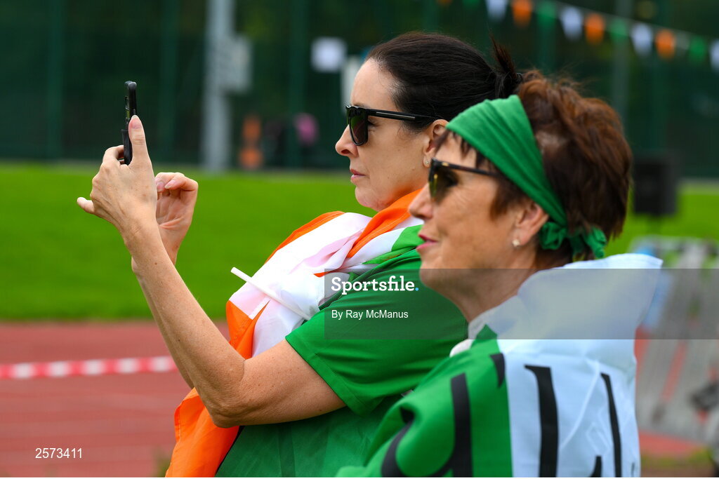 20 July 2023; Republic of Ireland supporters Valerie Byrne Jenkins, left, and Roz Richardson during a Watch Party for the opening game of the 2023 FIFA Women's World Cup between Republic of Ireland and Australia at the Irishtown Sports & Fitness Centre in Ringsend, Dublin. Photo by Ray McManus/Sportsfile