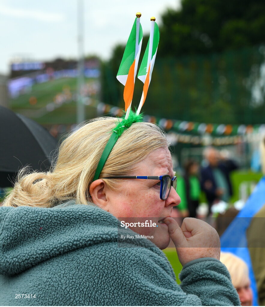 20 July 2023; Republic of Ireland supporter Katriona Lattimore Boland, from Ringsend, reacts as Ireland conceed a goal during a Watch Party for the opening game of the 2023 FIFA Women's World Cup between Republic of Ireland and Australia at the Irishtown Sports & Fitness Centre in Ringsend, Dublin. Photo by Ray McManus/Sportsfile