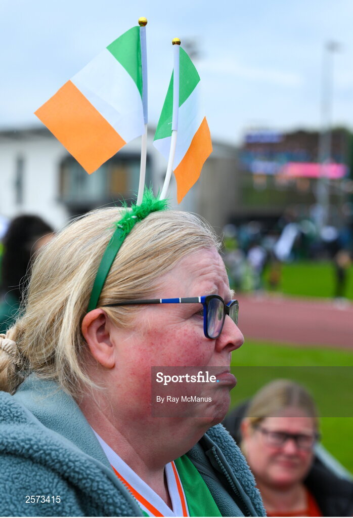 20 July 2023; Republic of Ireland supporter Katriona Lattimore Boland, from Ringsend, reacts as Ireland conceed a goal during a Watch Party for the opening game of the 2023 FIFA Women's World Cup between Republic of Ireland and Australia at the Irishtown Sports & Fitness Centre in Ringsend, Dublin. Photo by Ray McManus/Sportsfile