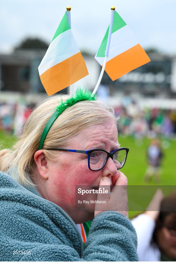 20 July 2023; Republic of Ireland supporter Katriona Lattimore Boland, from Ringsend, reacts as Ireland conceed a goal during a Watch Party for the opening game of the 2023 FIFA Women's World Cup between Republic of Ireland and Australia at the Irishtown Sports & Fitness Centre in Ringsend, Dublin. Photo by Ray McManus/Sportsfile