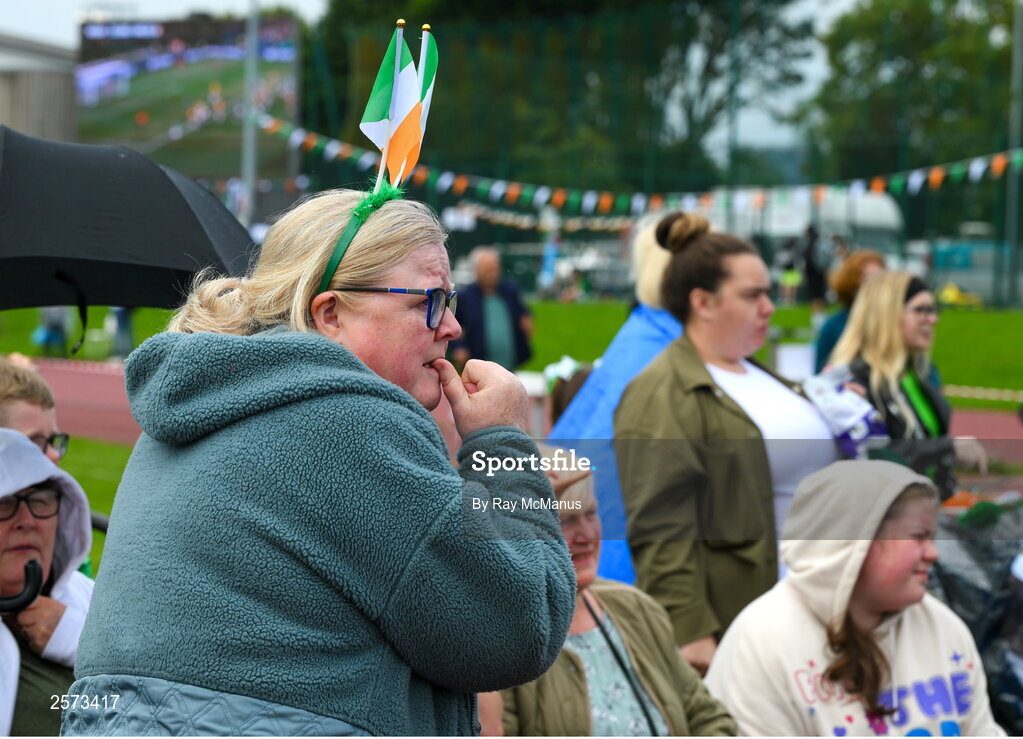 20 July 2023; Republic of Ireland supporter Katriona Lattimore Boland, from Ringsend, reacts as Ireland conceed a goal during a Watch Party for the opening game of the 2023 FIFA Women's World Cup between Republic of Ireland and Australia at the Irishtown Sports & Fitness Centre in Ringsend, Dublin. Photo by Ray McManus/Sportsfile