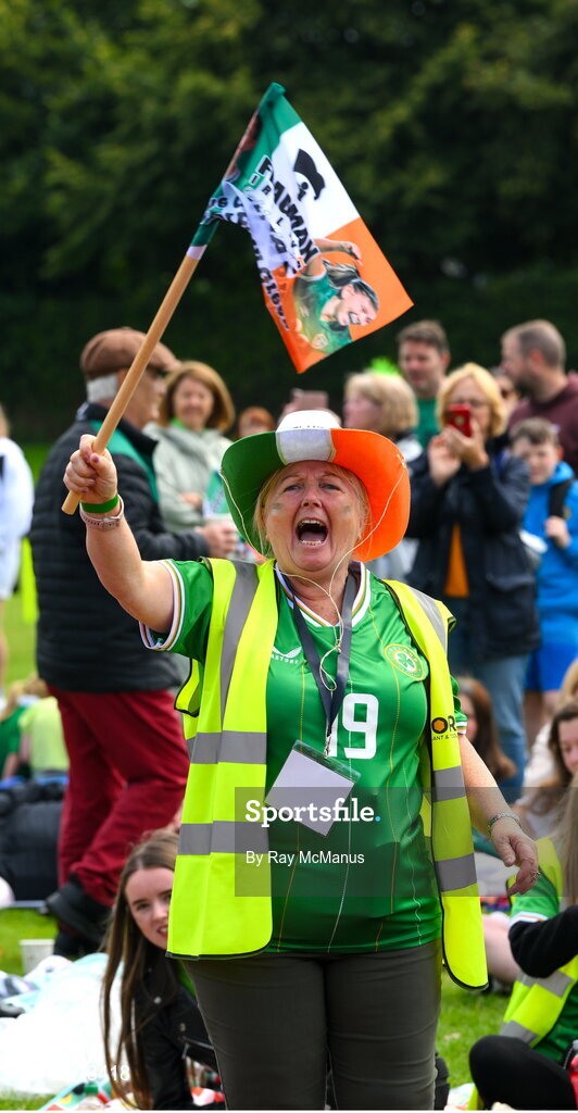 20 July 2023; Republic of Ireland supporter, Alice Foley, reacts as her niece Abbie Larkin is introduced, as a substitute, during a Watch Party for the opening game of the 2023 FIFA Women's World Cup between Republic of Ireland and Australia at the Irishtown Sports & Fitness Centre in Ringsend, Dublin. Photo by Ray McManus/Sportsfile