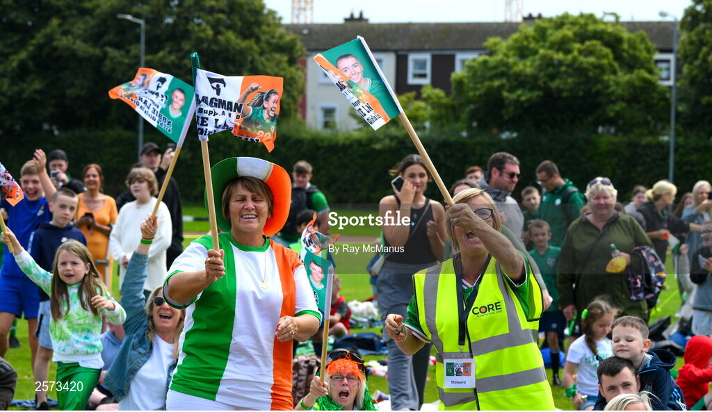 20 July 2023; Republic of Ireland supporters react as local hero Abbie Larkin is introduced, as a substitute, during a Watch Party for the opening game of the 2023 FIFA Women's World Cup between Republic of Ireland and Australia at the Irishtown Sports & Fitness Centre in Ringsend, Dublin. Photo by Ray McManus/Sportsfile