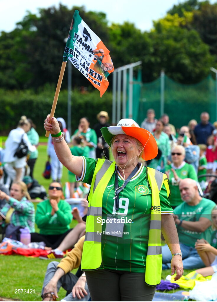 20 July 2023; Republic of Ireland supporter, Alice Foley, reacts as her niece Abbie Larkin is introduced, as a substitute, during a Watch Party for the opening game of the 2023 FIFA Women's World Cup between Republic of Ireland and Australia at the Irishtown Sports & Fitness Centre in Ringsend, Dublin. Photo by Ray McManus/Sportsfile