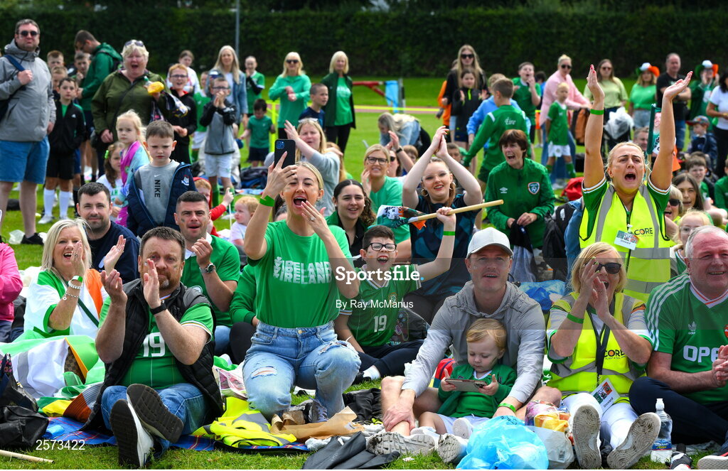 20 July 2023; Republic of Ireland supporters react as local hero Abbie Larkin is introduced, as a substitute, during a Watch Party for the opening game of the 2023 FIFA Women's World Cup between Republic of Ireland and Australia at the Irishtown Sports & Fitness Centre in Ringsend, Dublin. Photo by Ray McManus/Sportsfile