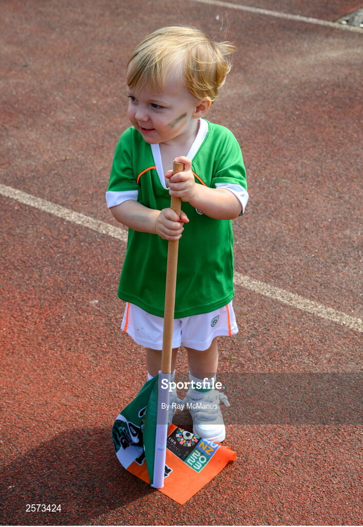 20 July 2023; Republic of Ireland supporter Kayden Kelly, two years, during a Watch Party for the opening game of the 2023 FIFA Women's World Cup between Republic of Ireland and Australia at the Irishtown Sports & Fitness Centre in Ringsend, Dublin. Photo by Ray McManus/Sportsfile
