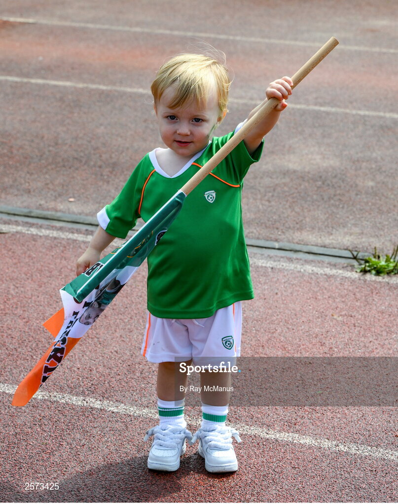 20 July 2023; Republic of Ireland supporter Kayden Kelly, two years, during a Watch Party for the opening game of the 2023 FIFA Women's World Cup between Republic of Ireland and Australia at the Irishtown Sports & Fitness Centre in Ringsend, Dublin. Photo by Ray McManus/Sportsfile
